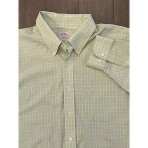 Brooks Brothers 346 Dress Shirt Mens Green Size 17.5 Non Iron 100% Cotton Pocket